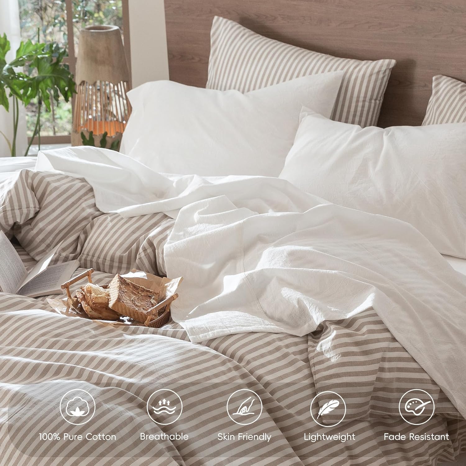 MooMee Bedding Sheet Set 100% Washed Cotton Linen Like Textured Breathable Durable Soft Comfy (Solid Off White, Queen) - Image 4