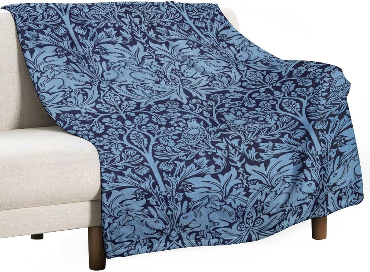 Vintage Floral Throw Blanket William Morris Art Flowers Bird and Rabbit Blue Print Blanket for Sofa Bed Couch Chair Or Dorm 60"x80"