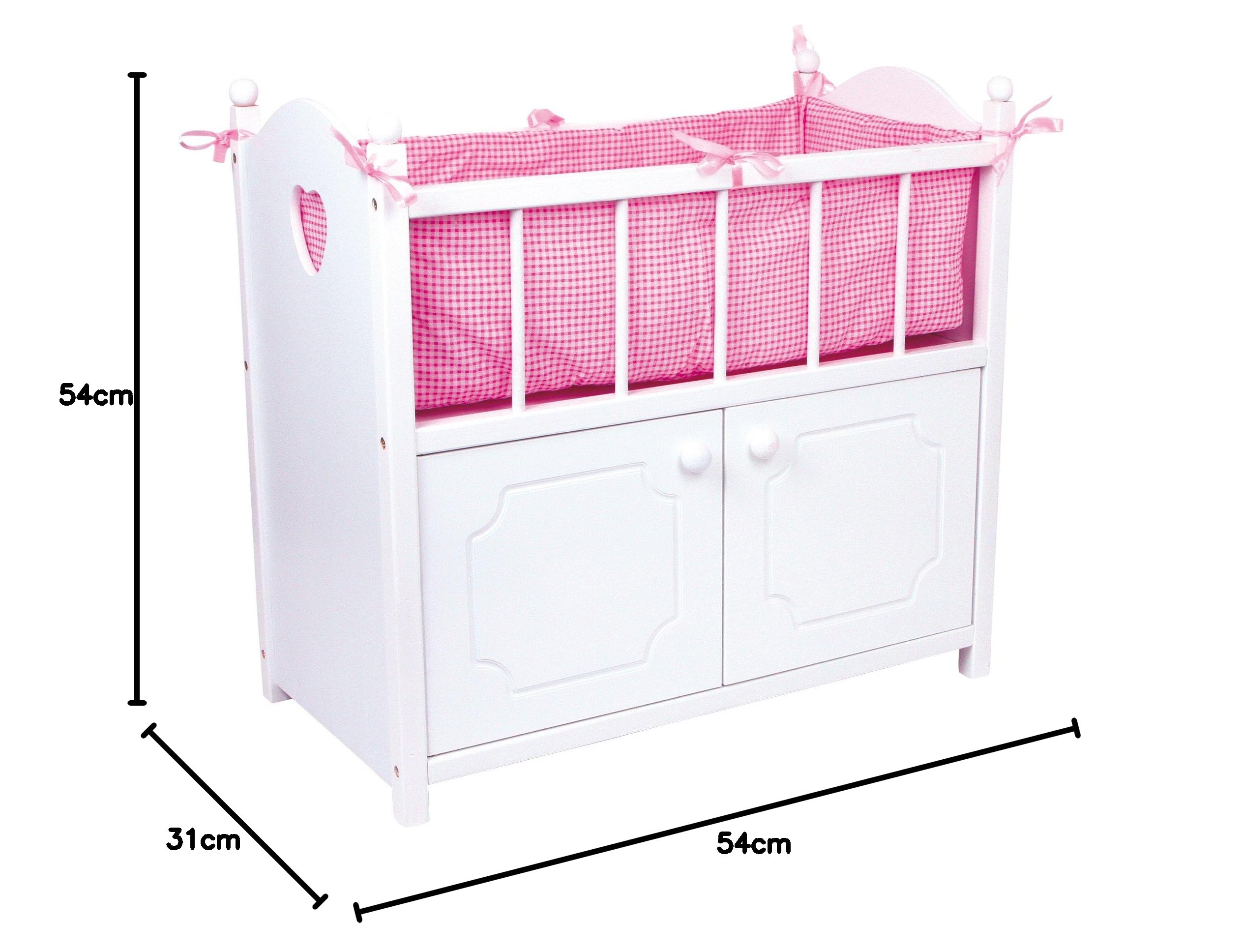 2875 Letto per bambole con armadio small foot, letto per bambole in legno bianco con accessori in tessuto rosa, a partire da 3 anni