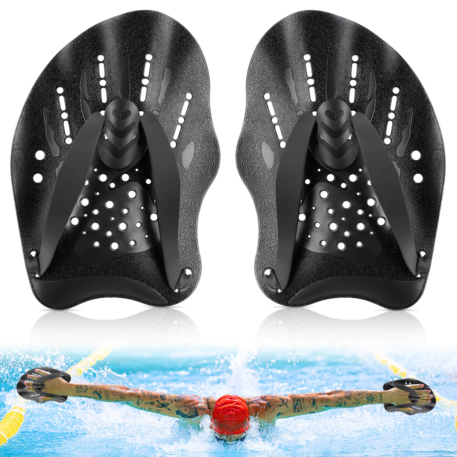 WuGU Pale da Mano da Nuoto, Palette Nuoto Piscina Regolabile, Swim Paddle, Pagaia Per Nuotos Mano, Aiuto all'allenamento Della Forza Per Adulti Bambini Unisex(Nero)
