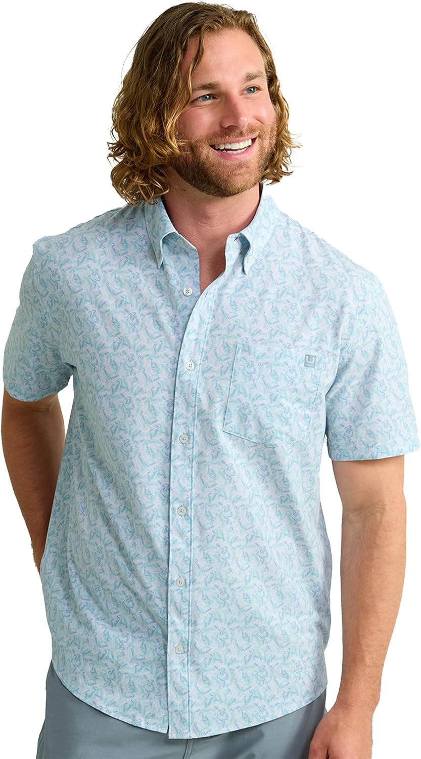 HUK - Men's Kona Short Sleeve Fishing Button Down Shirt for Men, Kona Print - Harbor Mist, X-Large