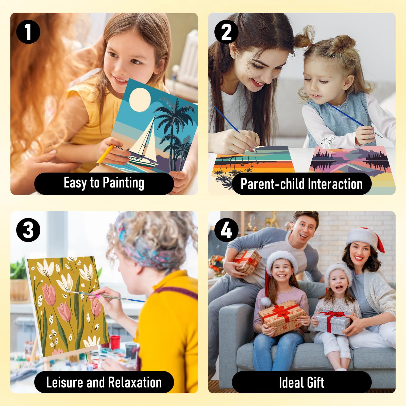 Kit De Peinture Par Numéros NAIMOER - 4 Tableaux Encadrés 20x20cm, Avec Pinceaux Et Peintures Acryliques, Pour Adultes Et Enfants