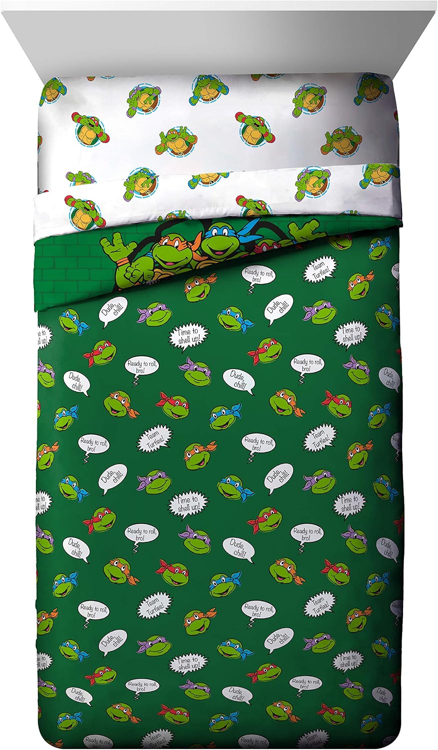 Jay Franco Nickelodeon Teenage Mutant Ninja Turtles Green Bricks 5 Piece Twin Bed Set - Includes Reversible Comforter & Sheet Set Bedding - Super Soft Fade Resistant Microfiber