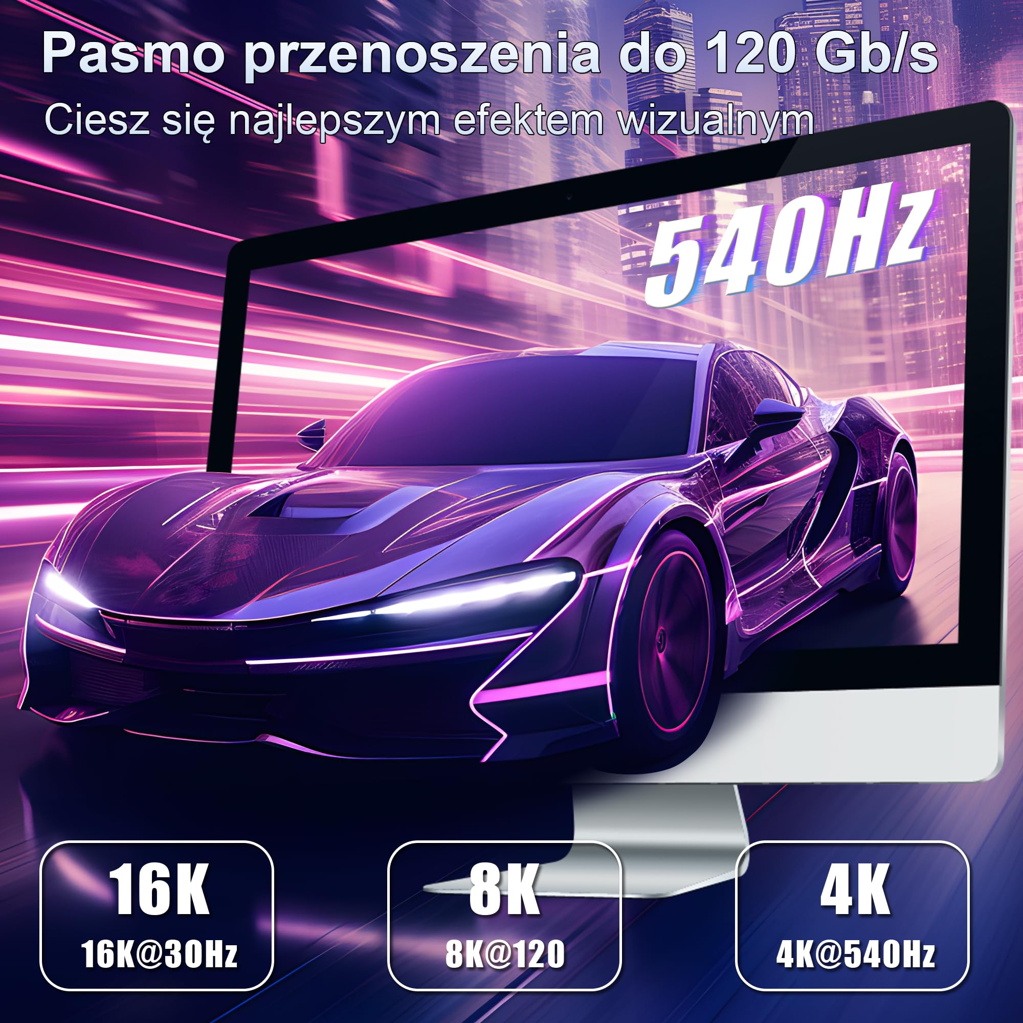 ZIKNYDO Kabel USB C Thunderbolt 5 3 m, transfer danych 80 Gb/s, przepustowość USB C 120 Gb/s dla wyświetlaczy 16K/Dual 8K, PD3.1 240 W, do Thunderbolt 4, MacBook M4, eGPU, Mac mini M4 Pro, monitor