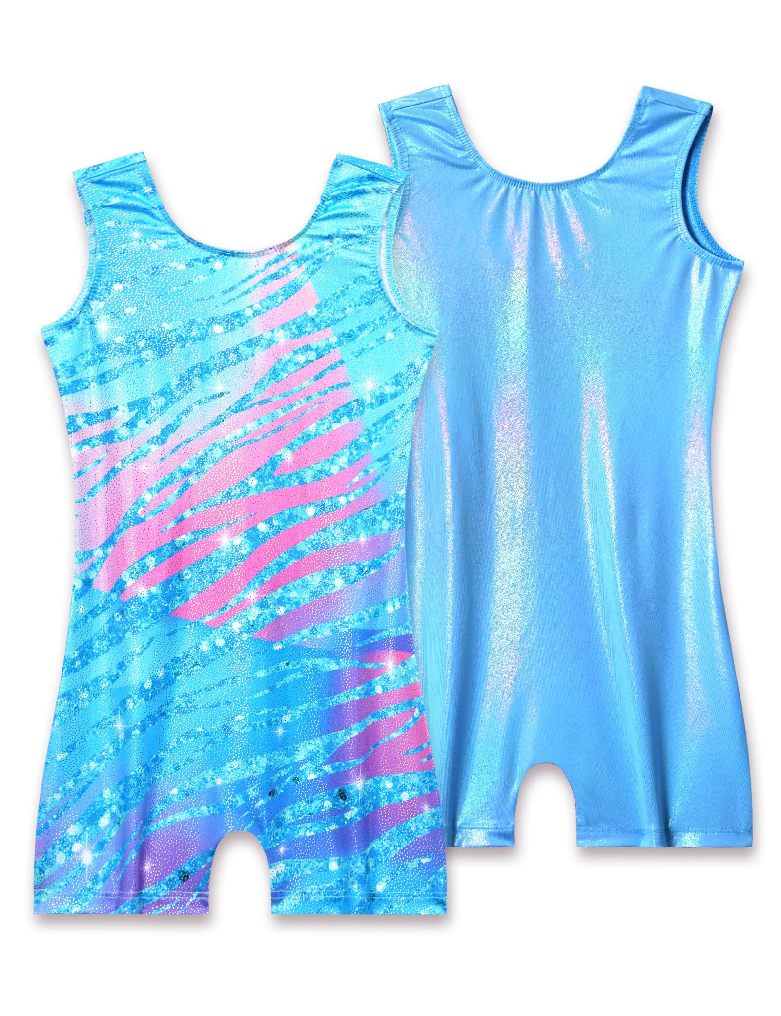 Nokecina 2 Pack Leotard for Girls Gymnastics Sparkly Tumbling Unitards with Shorts Sleeveless One Piece Biketards
