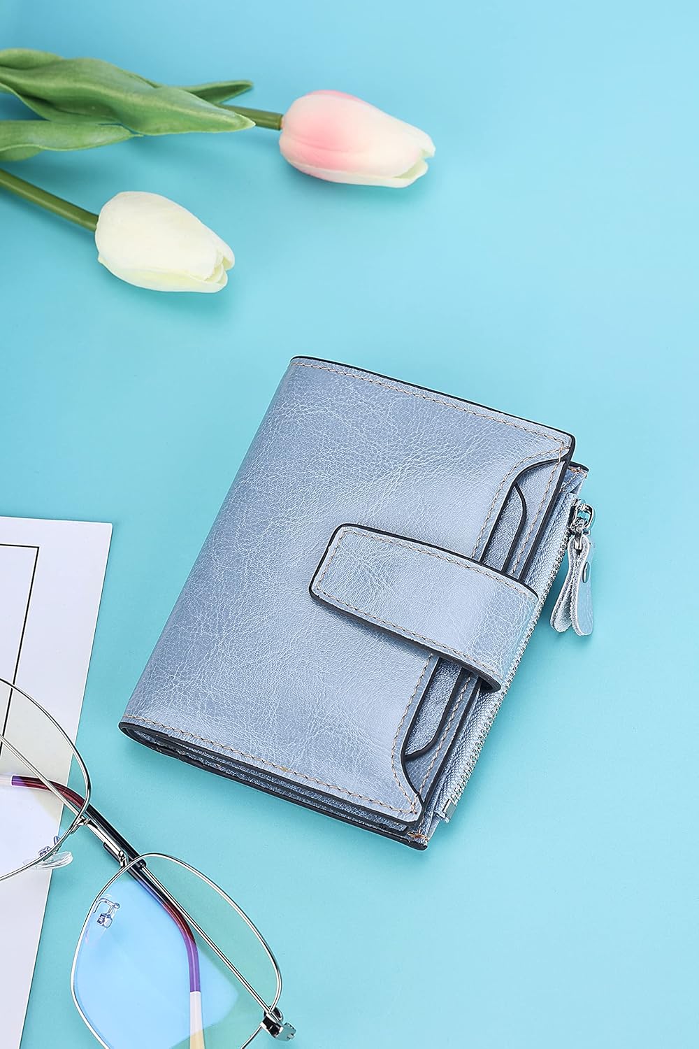 Lavemi Small Compact Women Wallet RFID Blocking Genuine Leather Bifold Purse with ID Windows(Light Blue) - Image 6