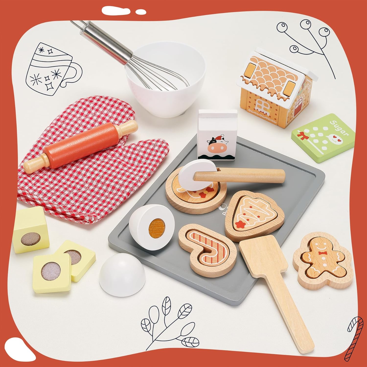 PairPear Gingerbread House Baking Playset – 29 Piece Wooden Christmas Cookie Baking Kit, 3D Toy Cookie Play Food & Pretend Kitchen Accessories, Educational Play Baking Toys Gift for Kids 3+ - Image 7