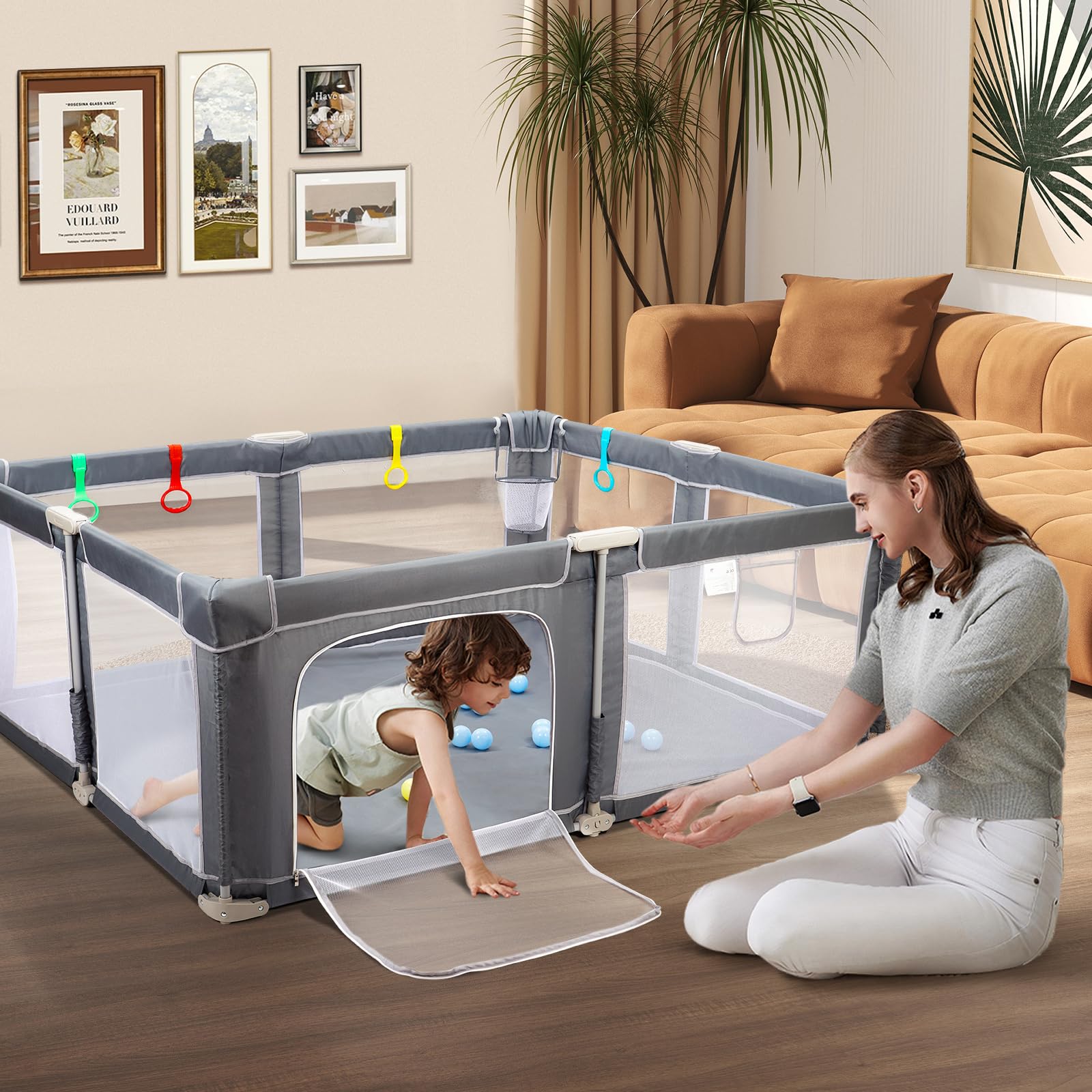 CHOLY Parc pliable pour bébé 180 x 150 cm avec tapis, parc pour bébés et tout-petits, aire de jeux portable avec balles océaniques et 4 poignées, clôture pour enfants à montage rapide avec sac de