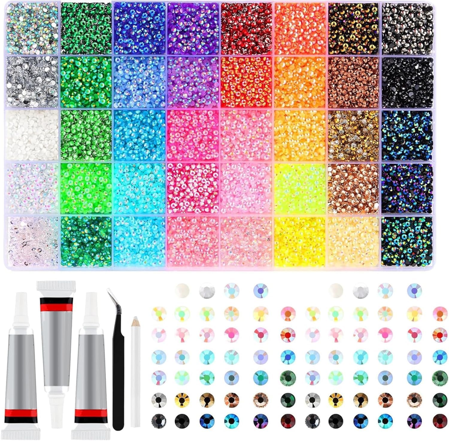 Kit di strass in resina Bedazzling, 32000 pezzi, 40 colori, gemme con retro piatto da 3 mm e colla 3x10 ml, strass per nail art, artigianato, abbigliamento, scarpe, tazze, kit di decorazioni fai da te