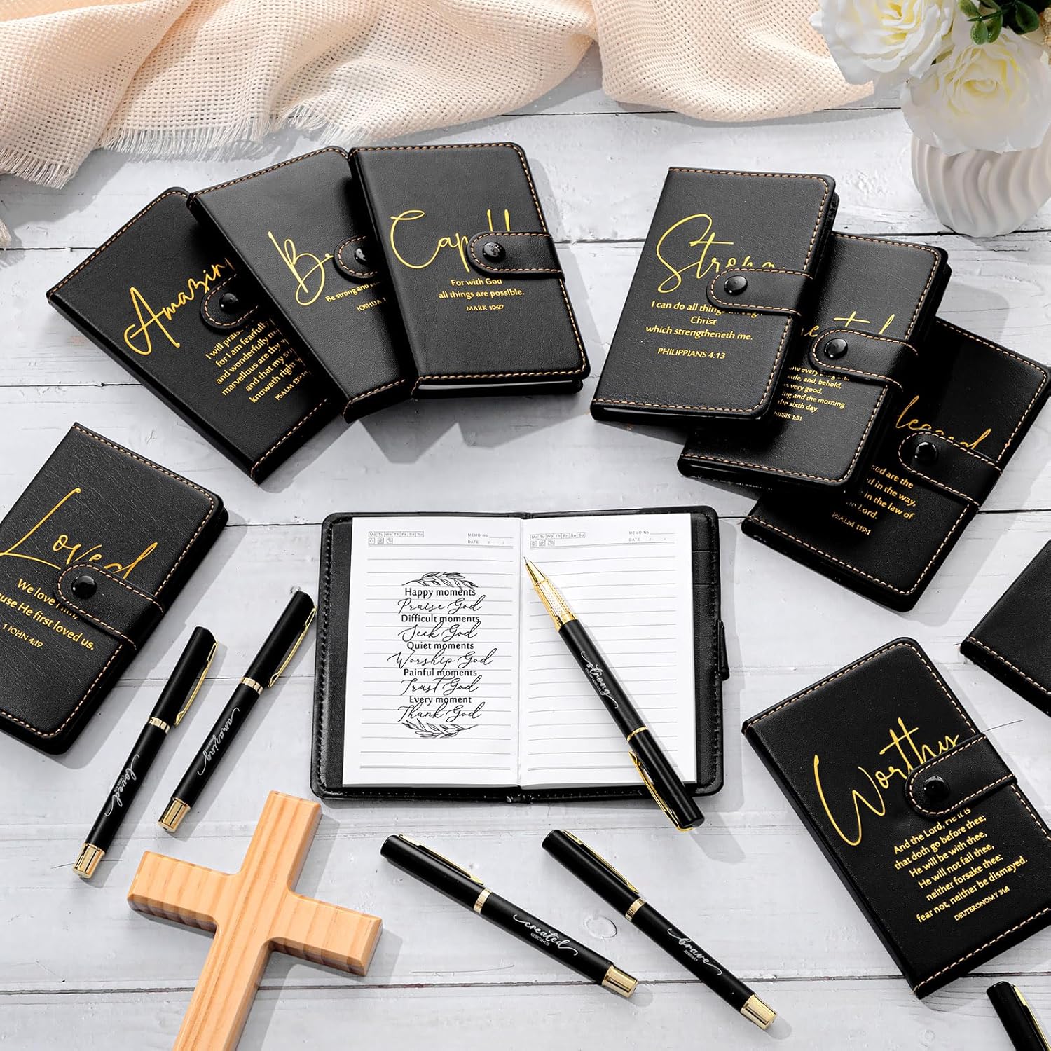 Spakon 10 Sets Christian Mothers Day Gifts for Women Men Bulk Religious Leather Notebook Prayer Journal Pen Church Gift Bible Study Scripture Mom Grandma Dad Favors (Bible Verse,Black)