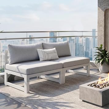 NICESOUL 2 Piece Armless Outdoor Aluminum Loveseat Sofa, 29" Oversized Wide Deep Seats Patio Sofa, 500 lbs Heavy Duty Modular Sectional Sofa for Balcony, Porch, Terrace, and Poolside, Light Grey