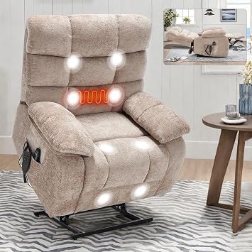 Lift Recliner Chair, with Massage and Heat Ergonomic Overstuffed Breathable Fabric Reclining Chair with 2 Side Pockets, Remote Control, Living Room, Bedroom, Up to 350 LBS Beige