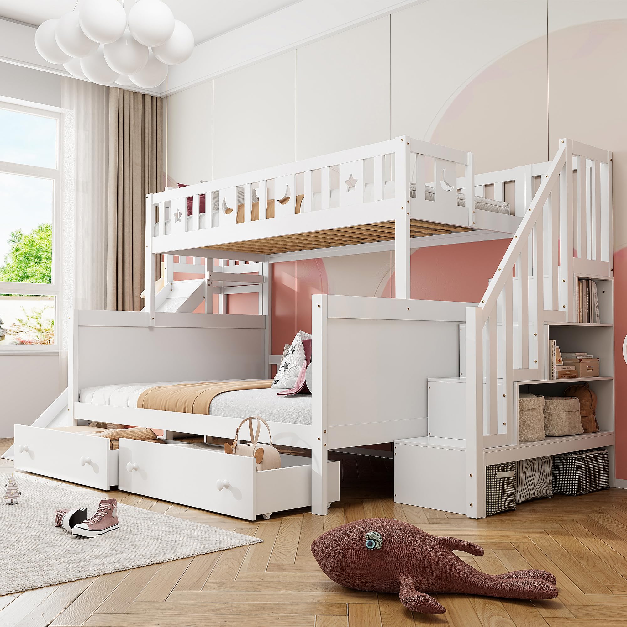Mrwoo Kinderbett 140x200 cm, Etagenbett mit Rutsche, Stauraumbett mit 2 Schubladen und Offenem Stauraum, Rausfallschutz Geländer, MDF+Kiefernholzl+Sperrholz (Ohne Matratze) (Weiß - A - Schubladen)