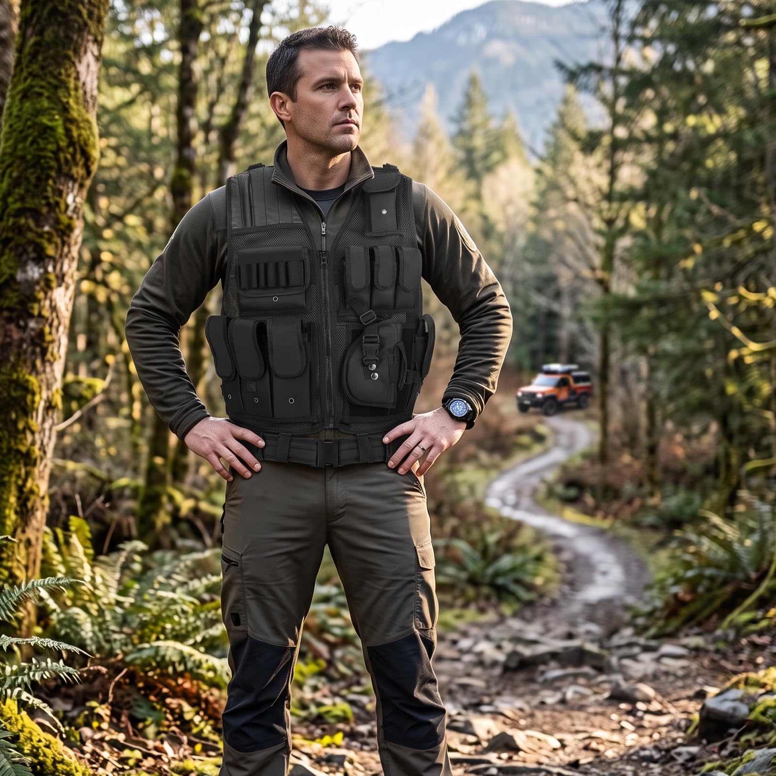 2Stück Taktische Weste Herren mit Taschen, Verstellbarem Hüftgurt | Atmungsaktiv und Strapazierfähig Tactical Weste für Outdoor, Angeln, Camping(Schwarz)