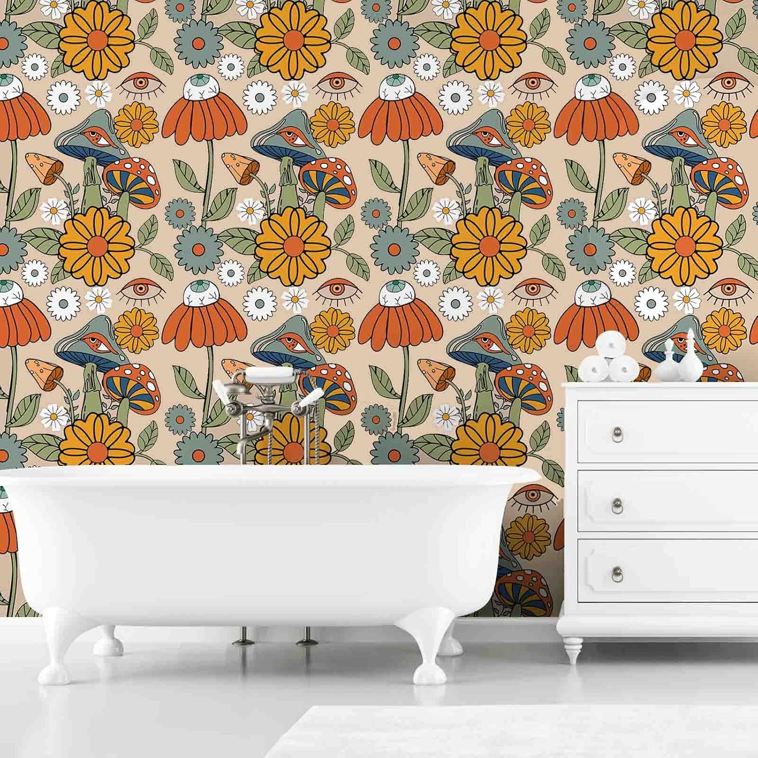 Abyssaly 17.3in x 236in Mushroom Peel and Stick Wallpaper Boho, Colorful Forest Floral Removable Contact Paper, Vinyl Self Adhesive Wall Paper Light Colour for Bedroom Bathroom Home Decor
