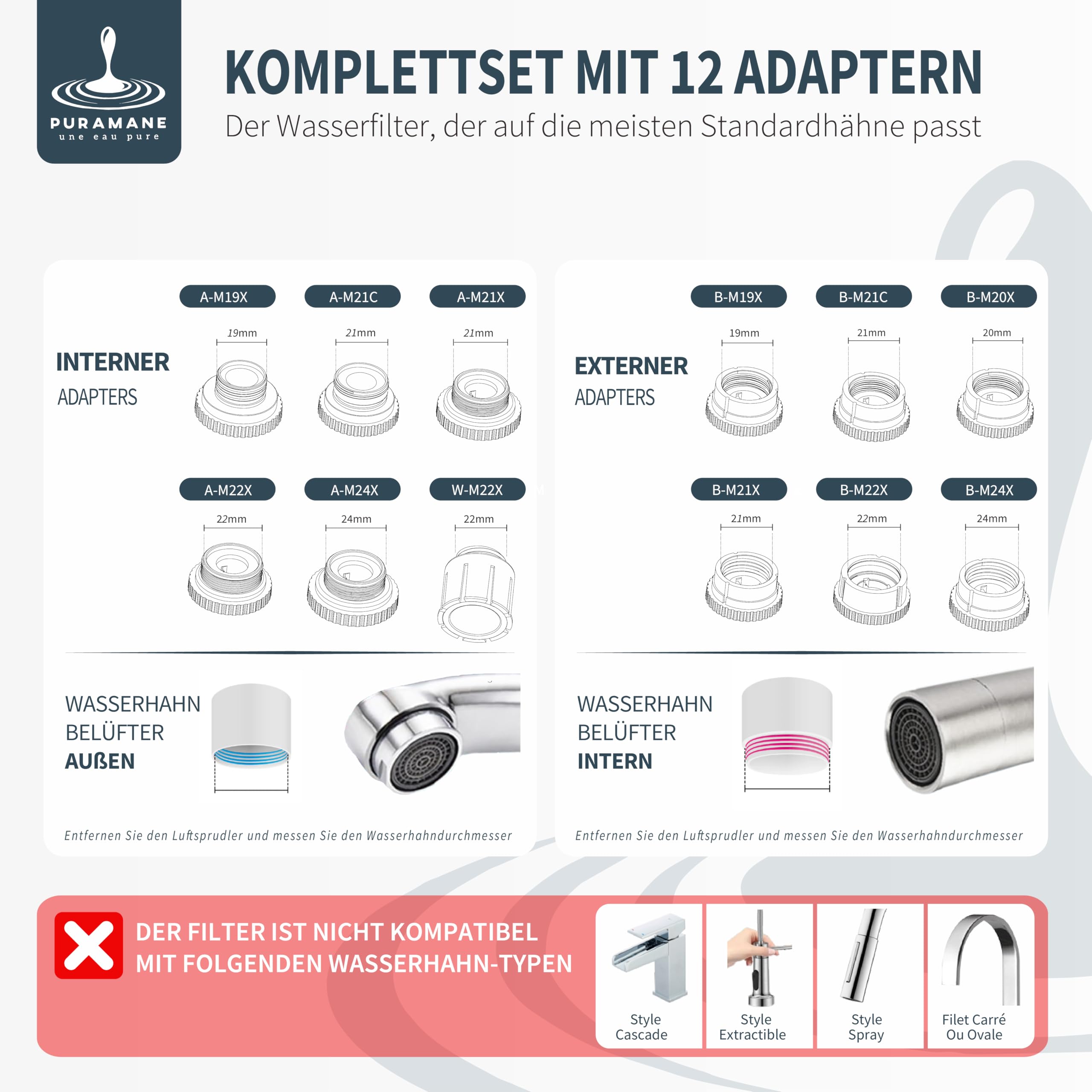 Puramane Wasserfilter Wasserhahn mit LED-Display & Filterlebensdauer-Anzeige, Wasserhahnfilter für Trinkwasser, Aktivkohle-Kalkfilter gegen Chlor & schlechten Geschmack (System + 1 Filterkartusche)
