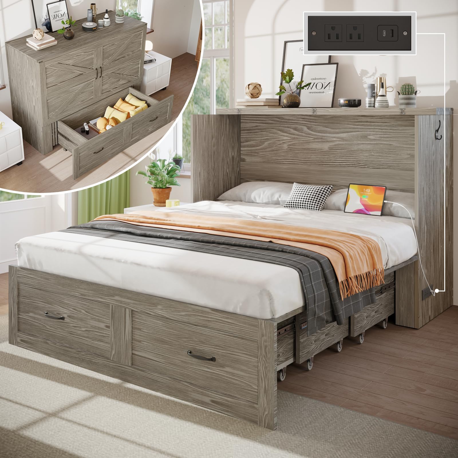 KCGKCG Queen Murphy Bed with Storage & Charging Station, Murphy Cabinet Bed with Large Storage Drawer for Guest Bedroom, Living Room, Office or Small