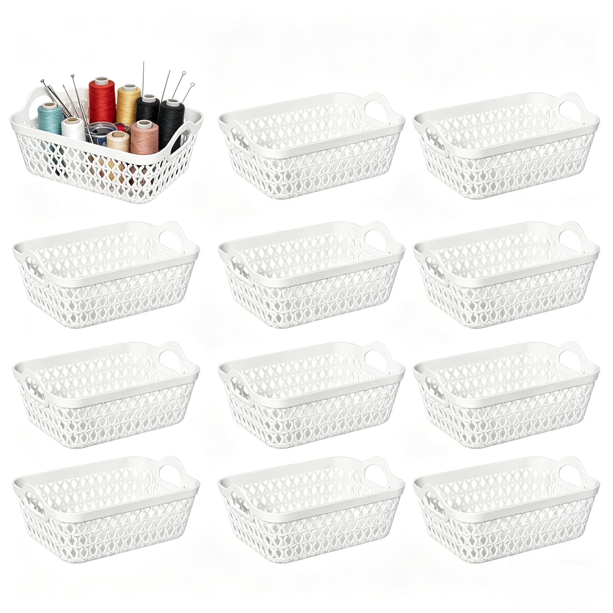 Vareone 12-Pack Plastic Desktop Storage Baskets, Mini Basket Trays for Shelves, Kitchen Cupboard, Office (White)