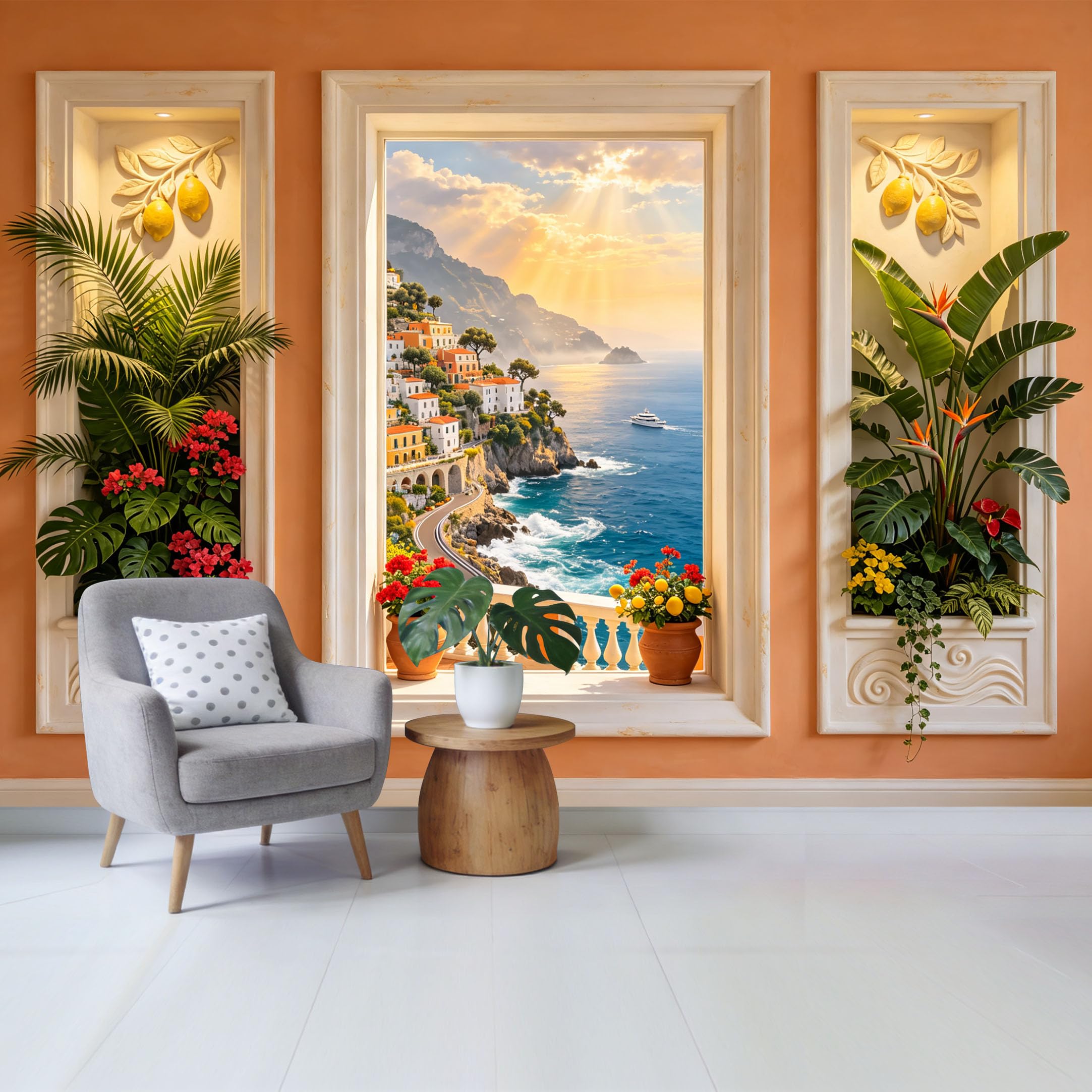 Custom Size Wall Mural Mediterranean Coastal Ocean View Scenic Village Sunset 3D Trompe l’oeil Removable Self Adhesive Fabric Home Wall Decor for Living Room Bedroom Bathroom