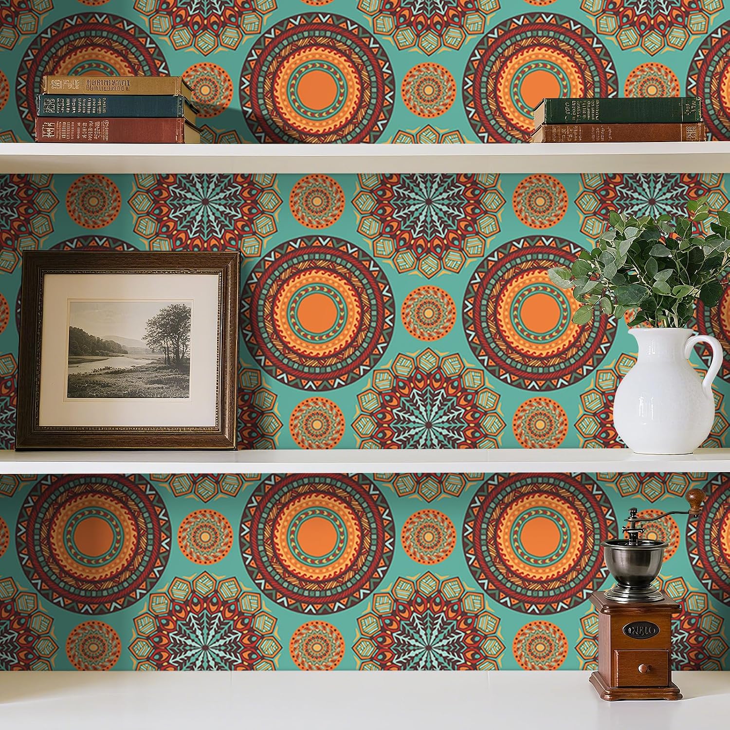 17.5"×236" Boho Wallpaper Pee and Stick - Vintage Wall Paper for Bedroom Wall Green Geometric Ethnic Pattern Wallpaper Vintage Boho Contact Paper for Cabinets and Drawers Bohemian Vinyl
