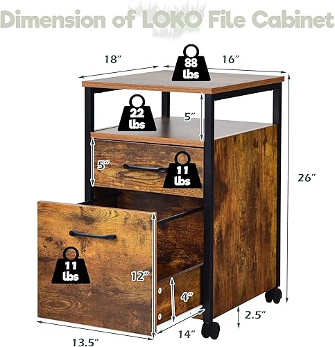 Miniatura 3 de LOKO Archivador móvil de 2 cajones, archivador rodante para debajo del escritorio con estante abierto, soporte de impresión con ruedas, archivador