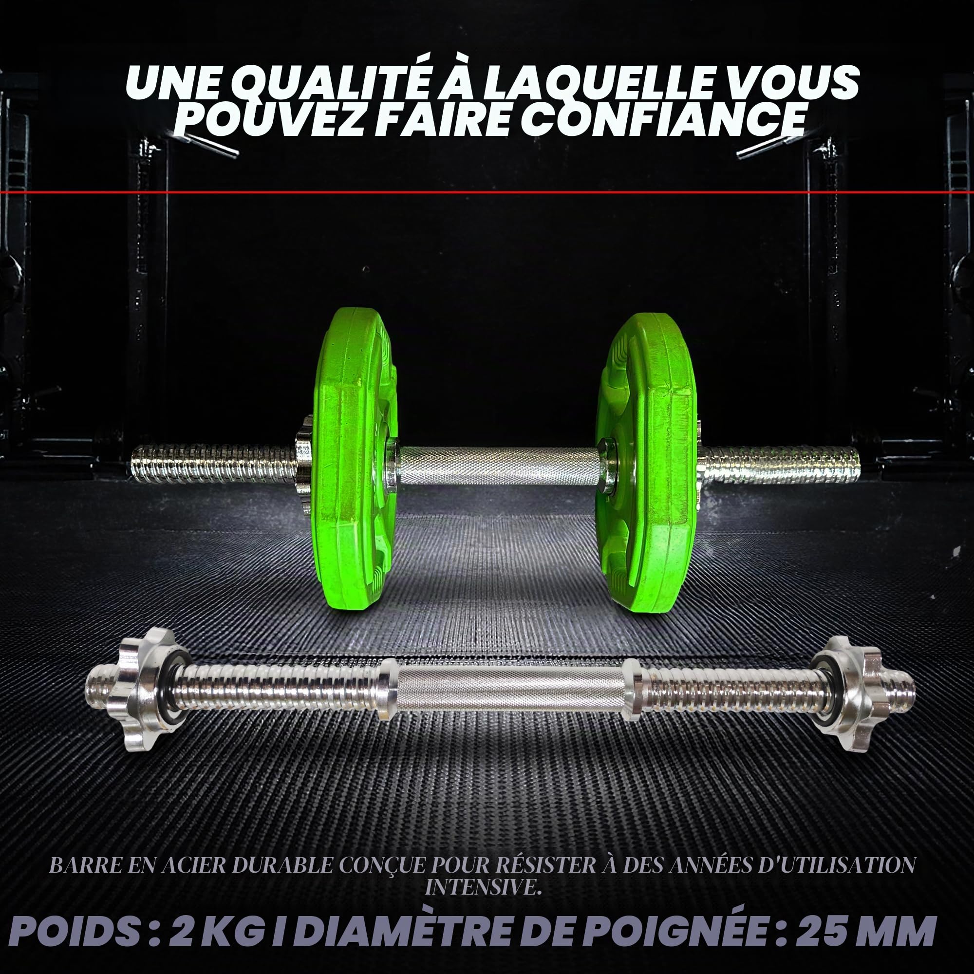 Barre d'haltères courte 45 cm chromée, poignée moletée antidérapante, 2 colliers étoiles – Tige filetée Ø 25-28 mm compatible disques fonte/caoutchouc – maison, curls, développé épaules