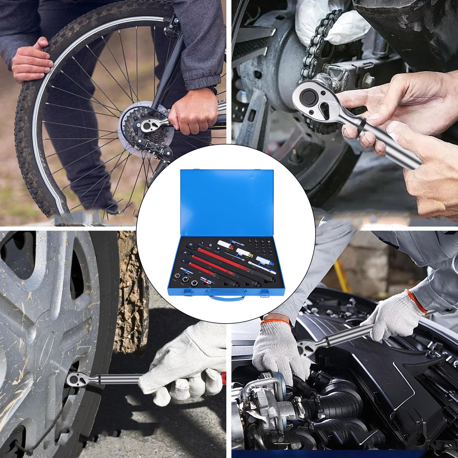 Zestaw Kluczy Dynamometrycznych, 3/8 1/2 1/4 Cala Klucze Nasadowe z grzechotką Zestaw Wkrętaków Przedłużka Klucza Skrętnego do Roweru Motocykla Samochodu Naprawy Ciężarówek