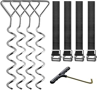 Simple Deluxe Trampoline Stakes Heavy Duty Trampoline Anchor Kit with T Hook Corkscrew Shape Steel Stakes Trampoline Parts Tie Down Kit Ground Wind Stake with Belt Straps (Set of 4)