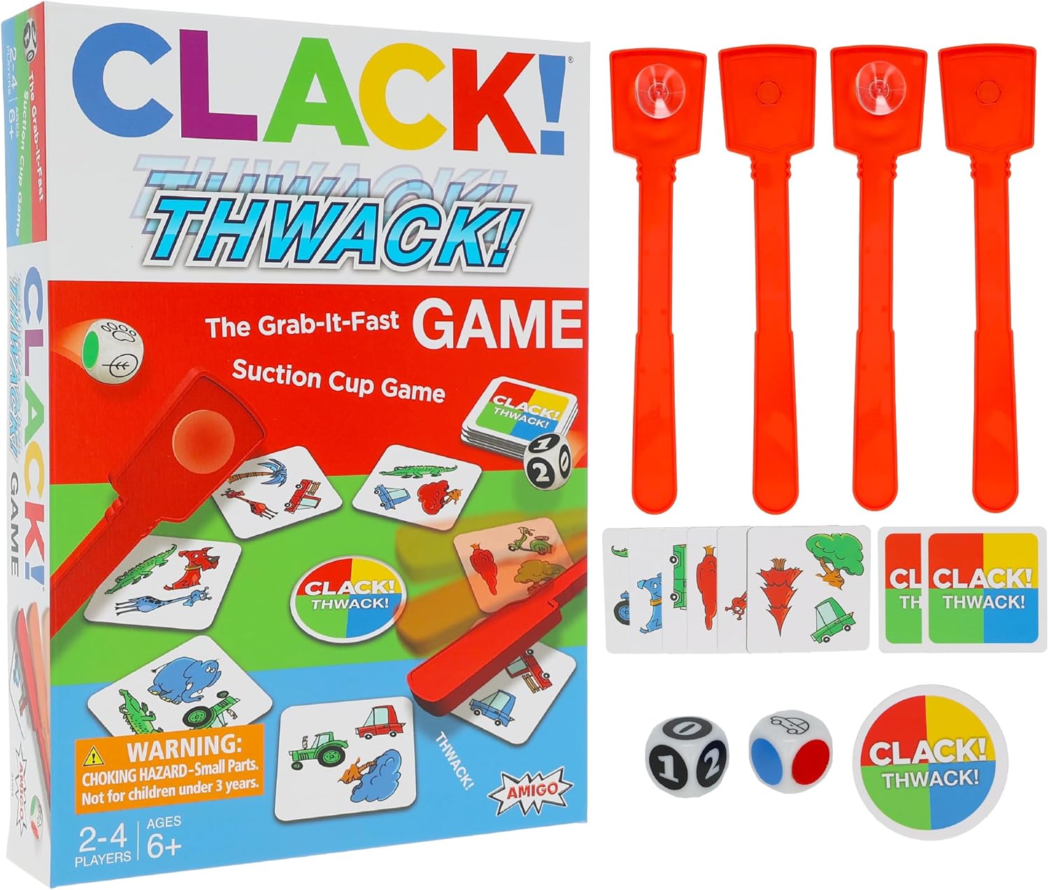 AMIGO Games CLACK! Thwack! The Grab-It-Fast Suction Cup Game! rolls the dice, find a match, and Thwack! Ideal for Families or Kids ages 6+