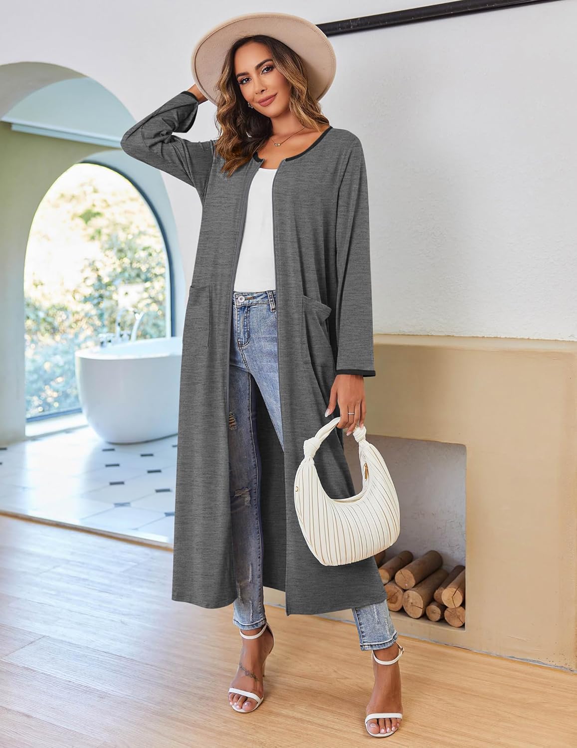 Ekouaer レディース ロングハウスコート ジッパーフロントローブ フルレングス ナイトガウン ポケット付き ストライプ ラウン