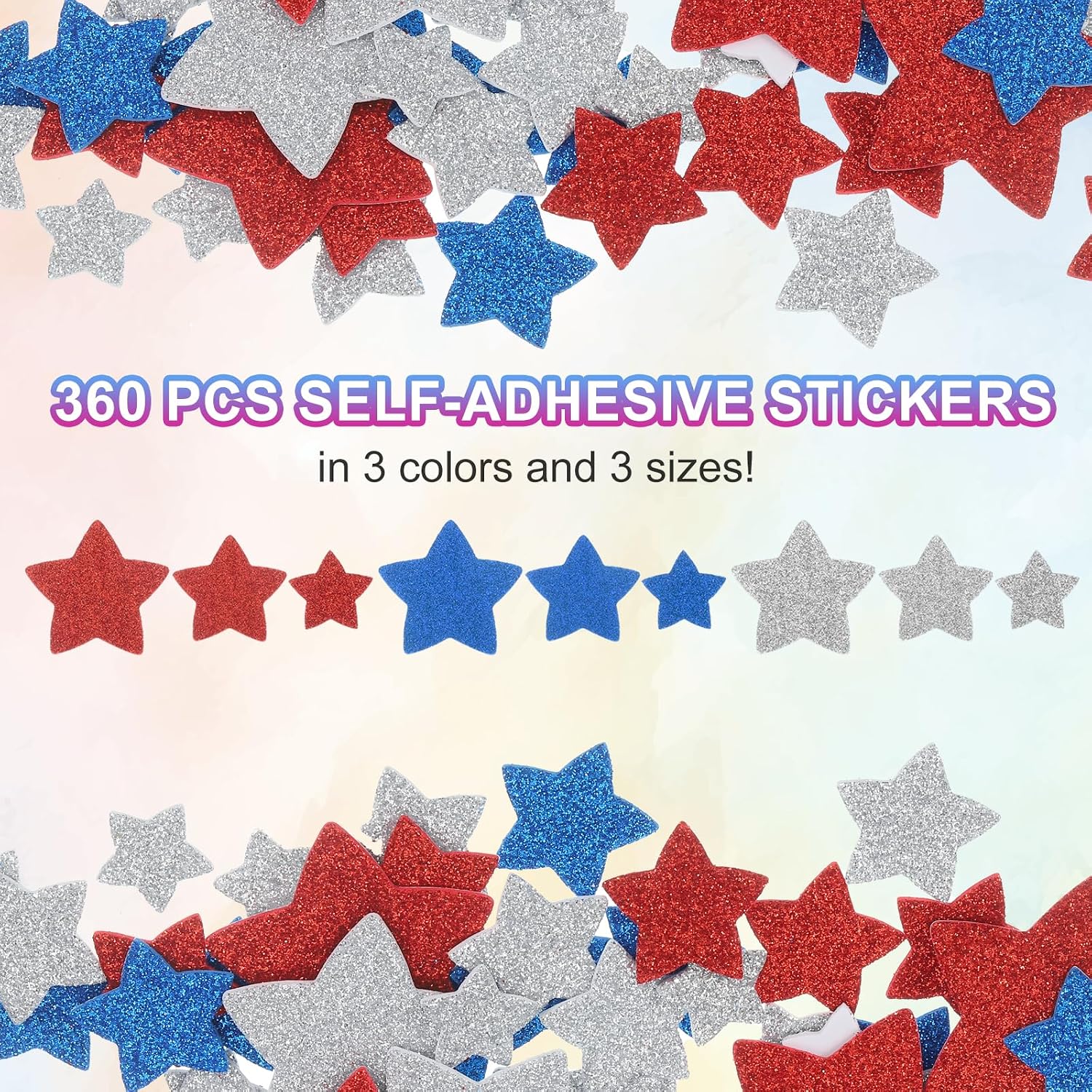 MECCANIXITY 360Pcs Glitter Foam Stickers 3 Size Self-Adhesive Sparkly Star Shapes Glitter Stickers for Arts Craft Supplies, DIY and Decor, Red, Blue, White