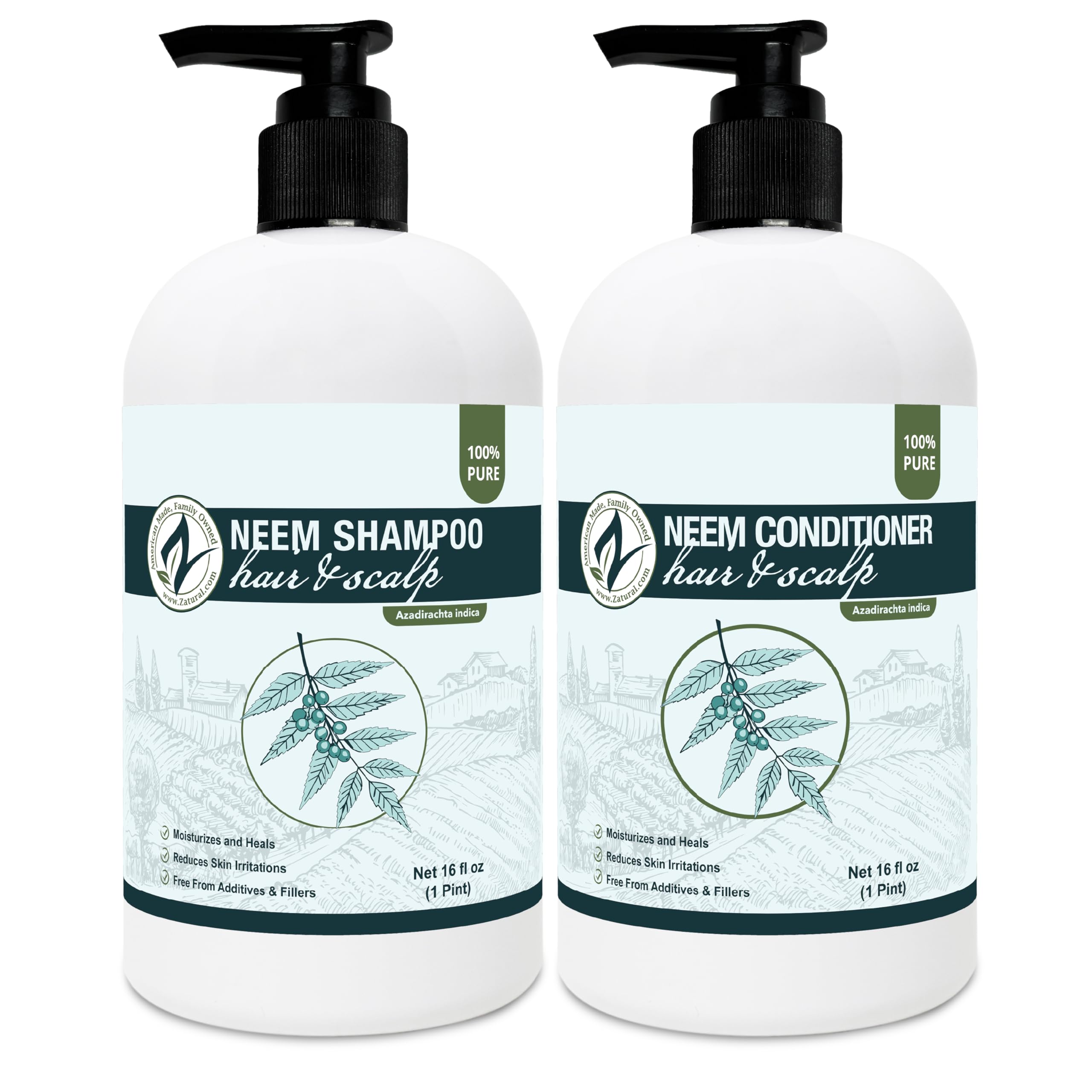 Zatural Natural Neem Shampoo & Conditioner Kit, Health Soothing & Healing For Sensative Scalp & Hair Nourish & Repair (16oz Shampoo & 16oz Conditioner
