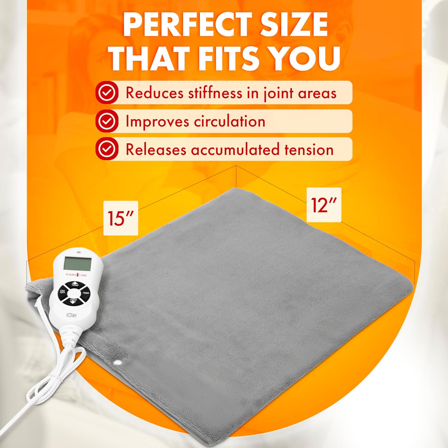TheraCare heating pad showing its 15 inch by 12 inch dimensions