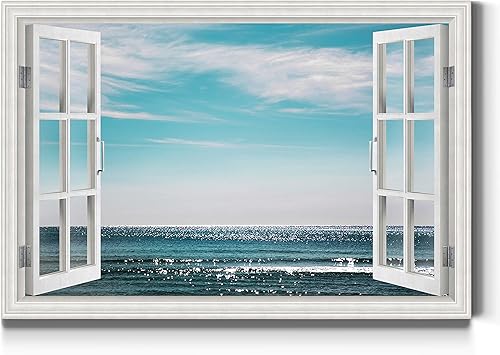 Renditions Gallery Lienzo decorativo para pared, vista de ventana para el hogar, mar azul brillante con cielo claro, naturaleza, imágenes colgantes