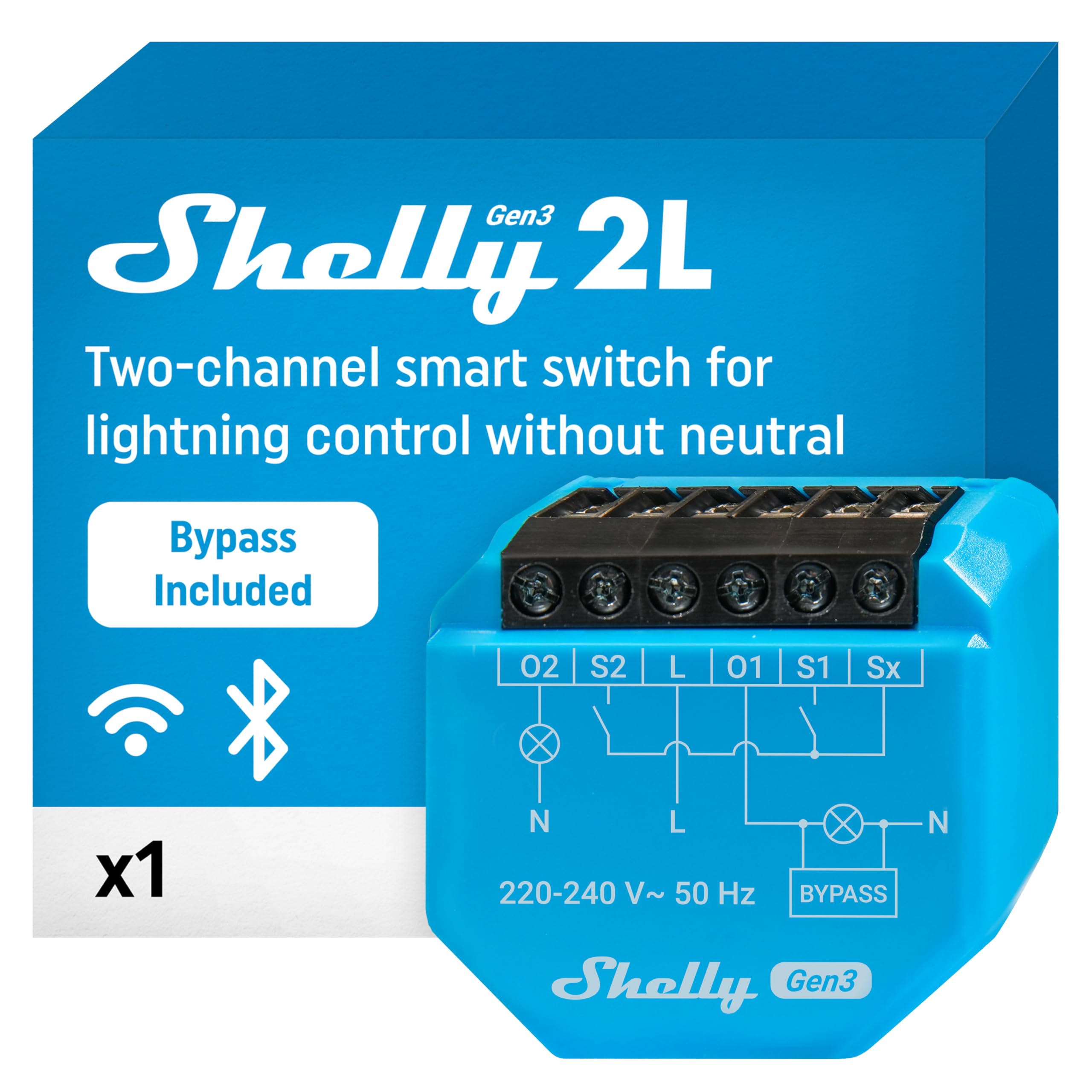 Shelly 2L Gen3 with Bypass - Wi-Fi & Matter Smart Relay Switch, 2 Channels, 700W Max, Remote Control, No Neutral Wire Required, Flush Mounting, Controls Loads Over 5 W, Alexa & Google, No Hub Required