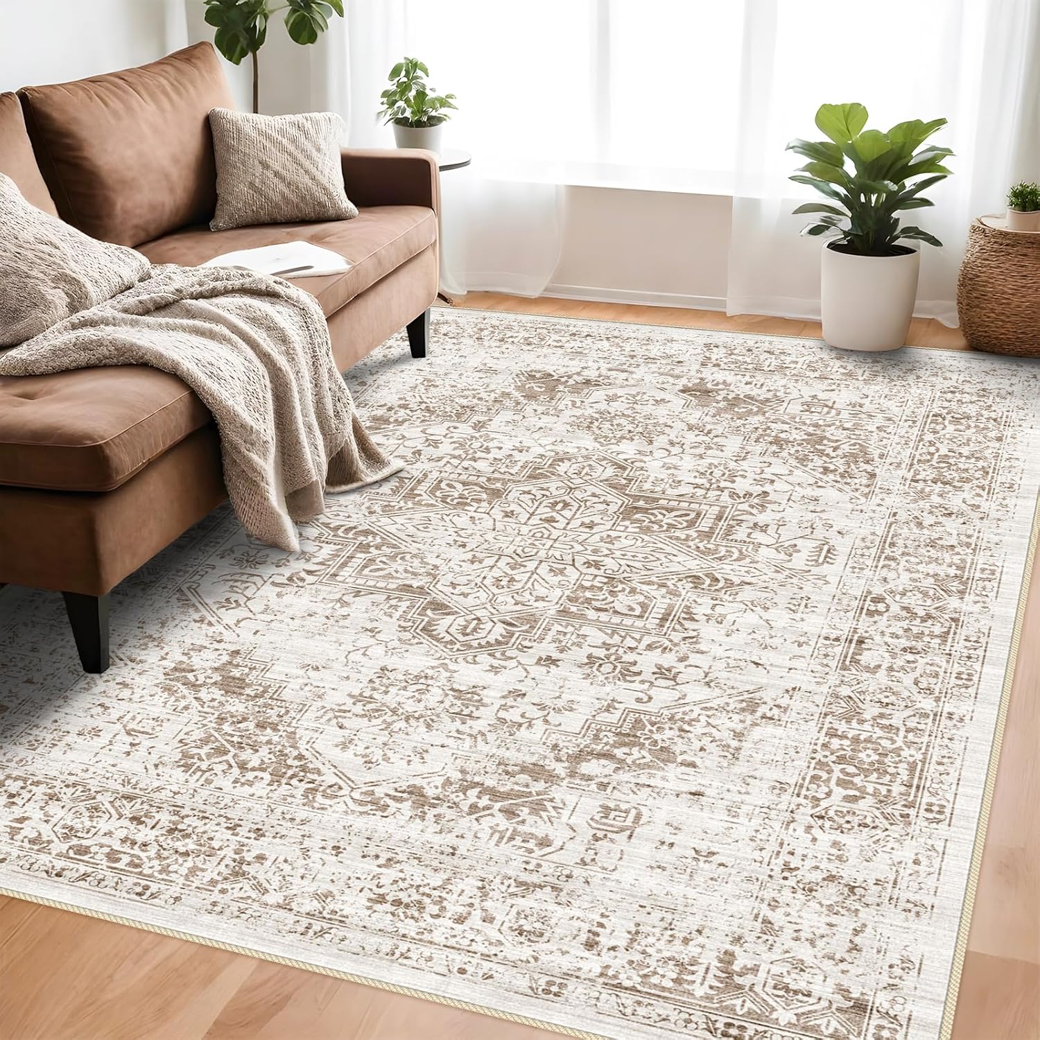 Retro 5x7 Area Rug - Vintage Washable Rug for Living Room with Non-Slip Low-Pile Traditional Medallion Rugs with Stain Resistant Foldable Accent Distressed Rug Indoor Thin Rug Bridge 5x7
