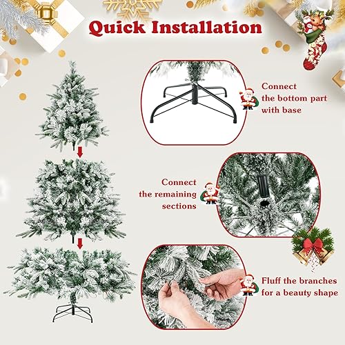Miniatura 7 de HAPPYGRILL Árbol de Navidad artificial preiluminado de 6 pies, árbol de Navidad nevado con 250 luces LED blancas cálidas, 752 puntas de ramas