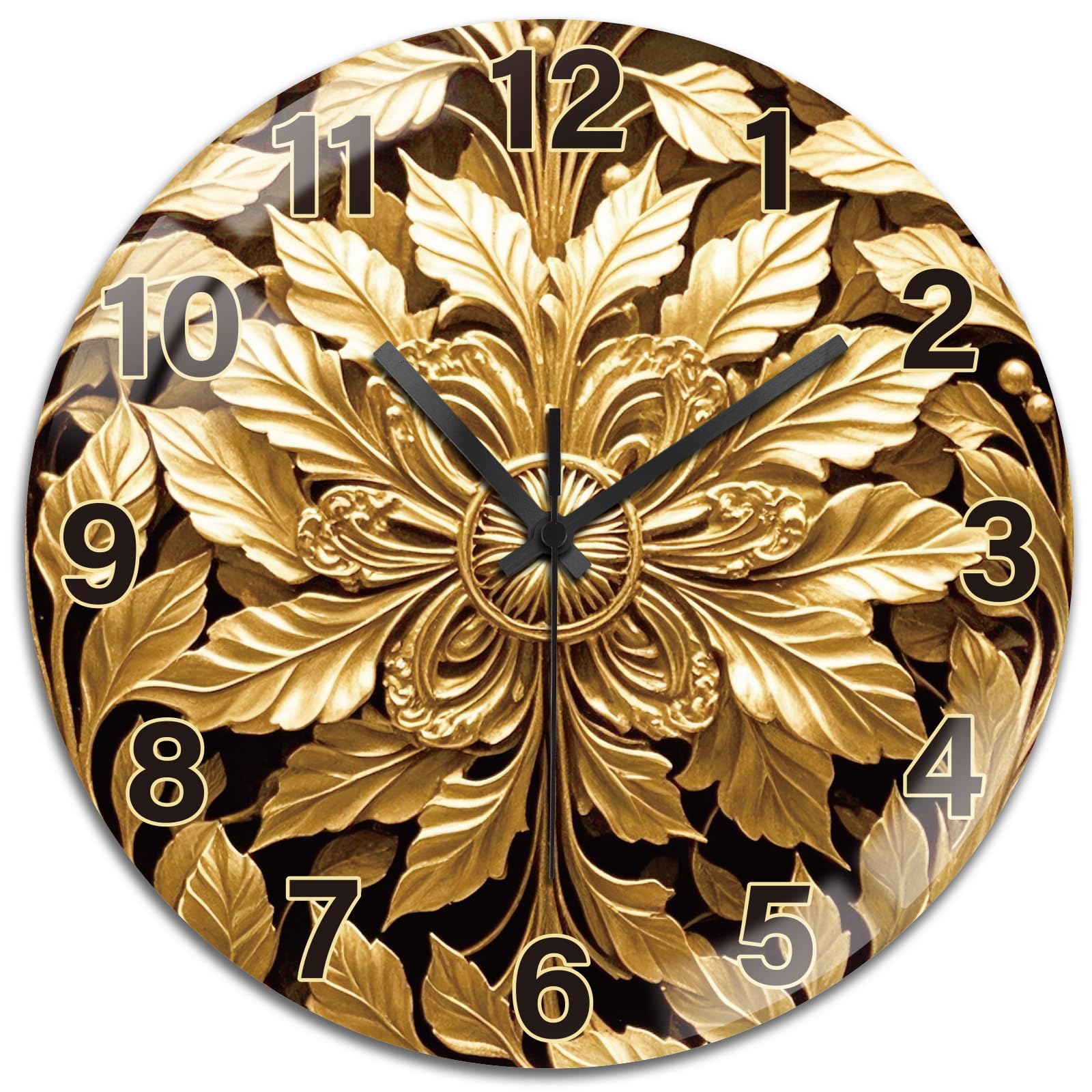 Horloge murale ronde peacoblue en verre de 30 cm design feuilles dorées
