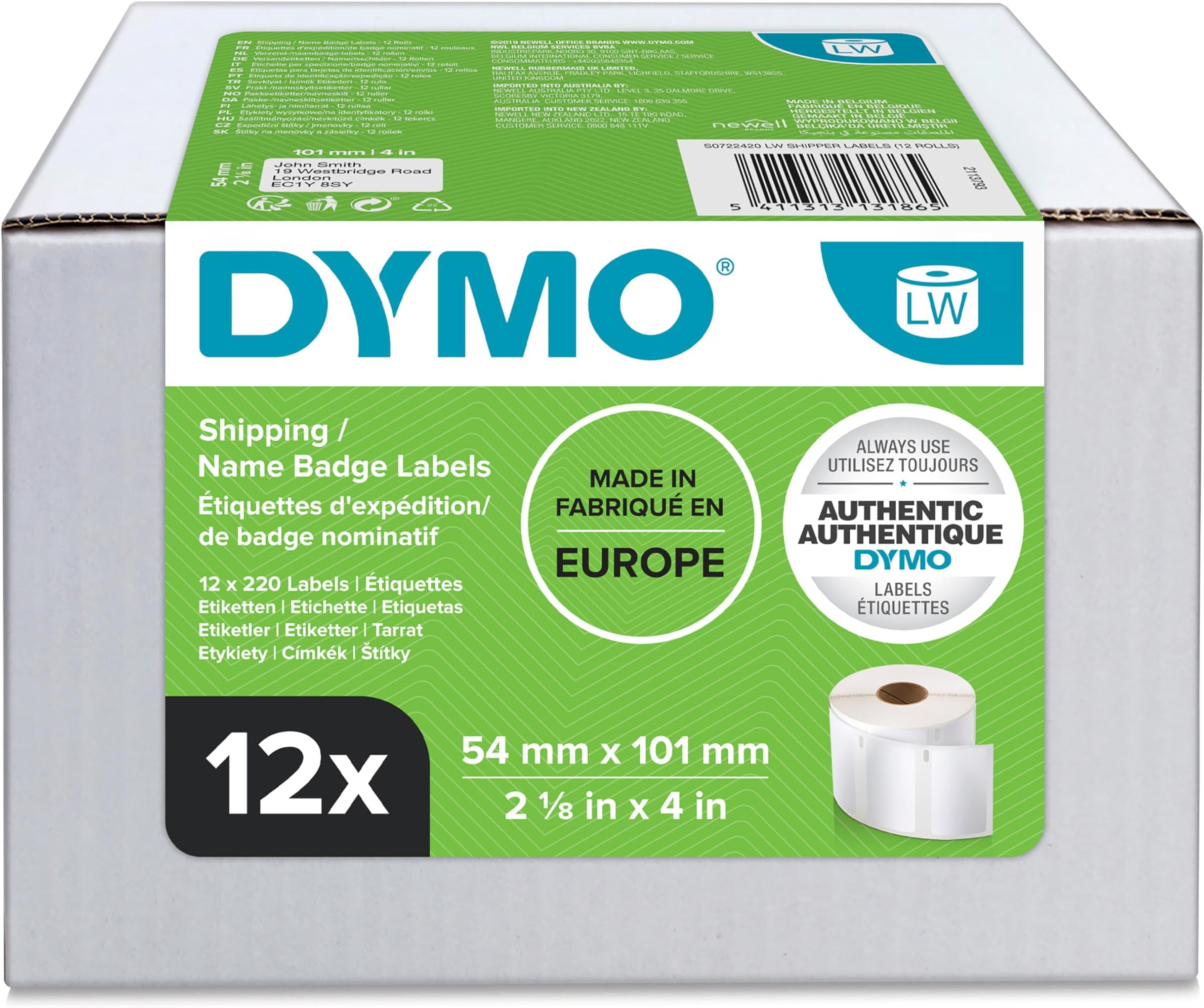 – DYMO Authentic LabelWriter Large Shipping Labels/Name Badges | 54mm x 101mm | 12 Rolls of 220 (2,640 Easy-Peel Labels) | Self-Adhesive | for LabelWriter Label Makers