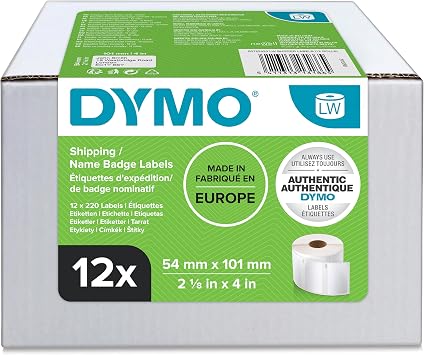 DYMO Authentic LabelWriter Large Shipping Labels/Name Badges | 54mm x 101mm | 12 Rolls of 220 2,640 Easy-Peel Labels | Self-Adhesive | for LabelWriter Label Makers