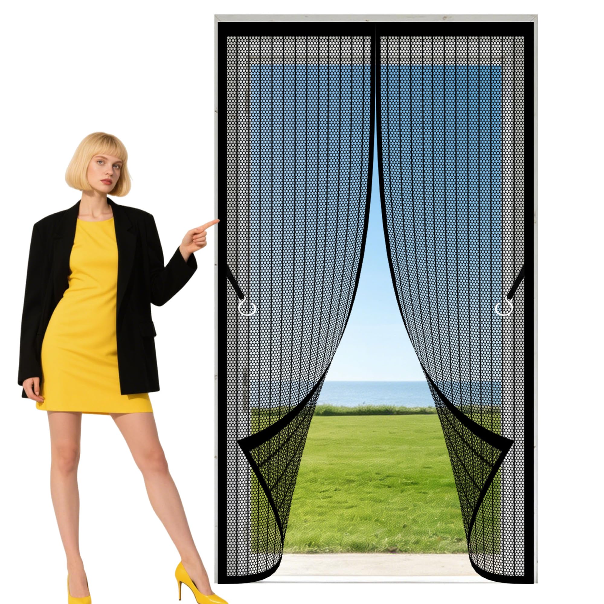 Magnetic Door Screen 111 x 242 cm Powerful Magnets Magnetic Fly Screen Door Hands Free Auto Closing Suitable for Balcony, Terrace, Cellar, Bedroom and Sliding Room, Black