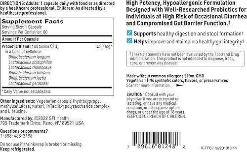 Miniatura 4 de Klaire Labs SFI Health Ther-Biotic Factor 6 - Probióticos ultra fuertes de 100 mil millones de UFC para hombres y mujeres, inmune, digestiva y salud