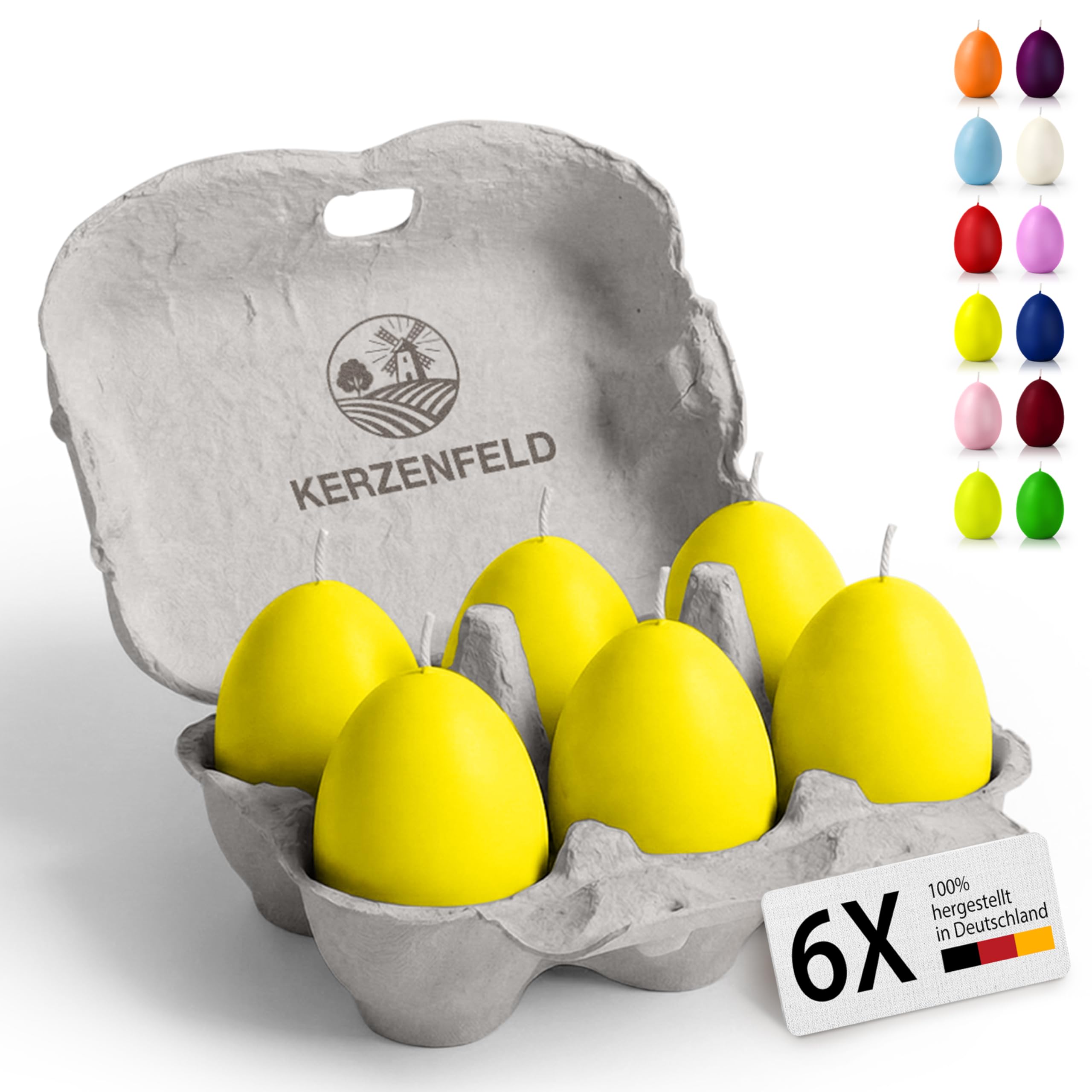 Bunte Eierkerzen 6 Stück, 60 x 45mm hochwertige Osterdeko - Ostereier Kerzen mit 7+ Stunden brenndauer, Made in Germany