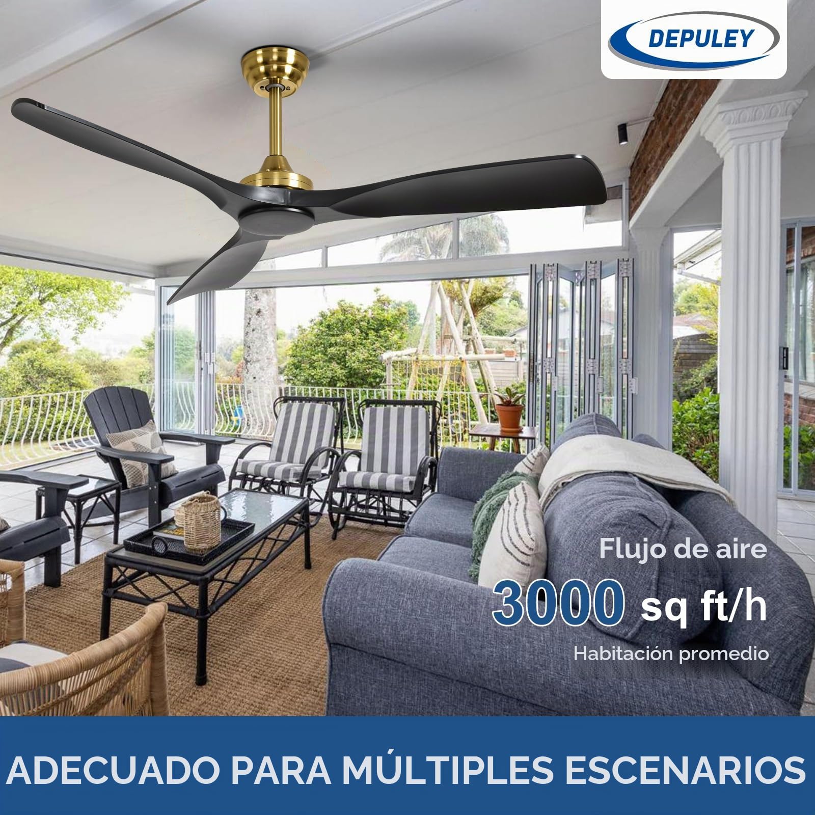 Depuley Ventilador de techo sin luz: Ventilador de exterior de 52 pulgadas con control remoto por para porches y terrazas - Ventilador de techo Black Gold sin luz, reversible, 6 velocidades