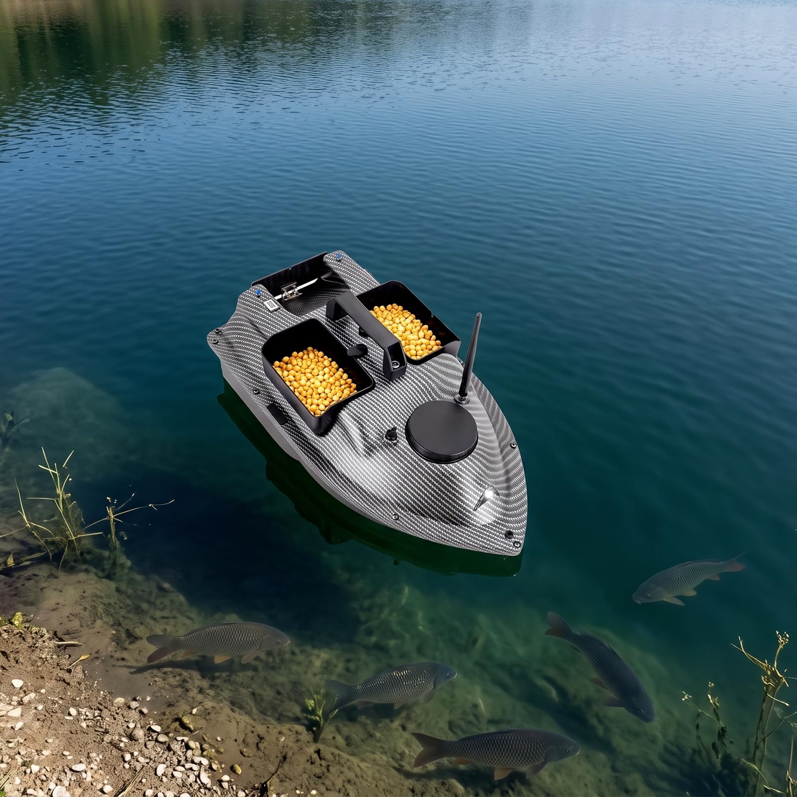 Barco de cebo GPS, 500 m, motor dual, 2 x 5200 mAh, LED | ABS, arenado, 2 x 390,52 W, 5,91 ft/s, 16 puntos, 4,4 libras, 90 min, autocorrección, sin conexión, retorno, luz nocturna