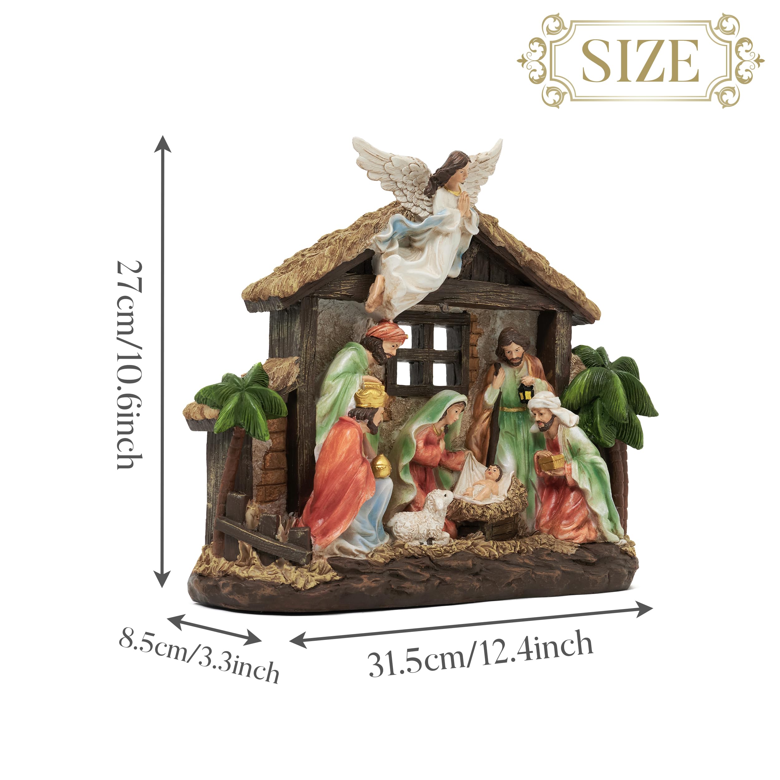 Valery Madelyn Figurines de crèche de Noël avec lumières LED - Grande crèche de Noël - Rouge, vert et blanc - Mangeoire en résine pour Noël, intérieur, maison, table, cheminée, décorations de
