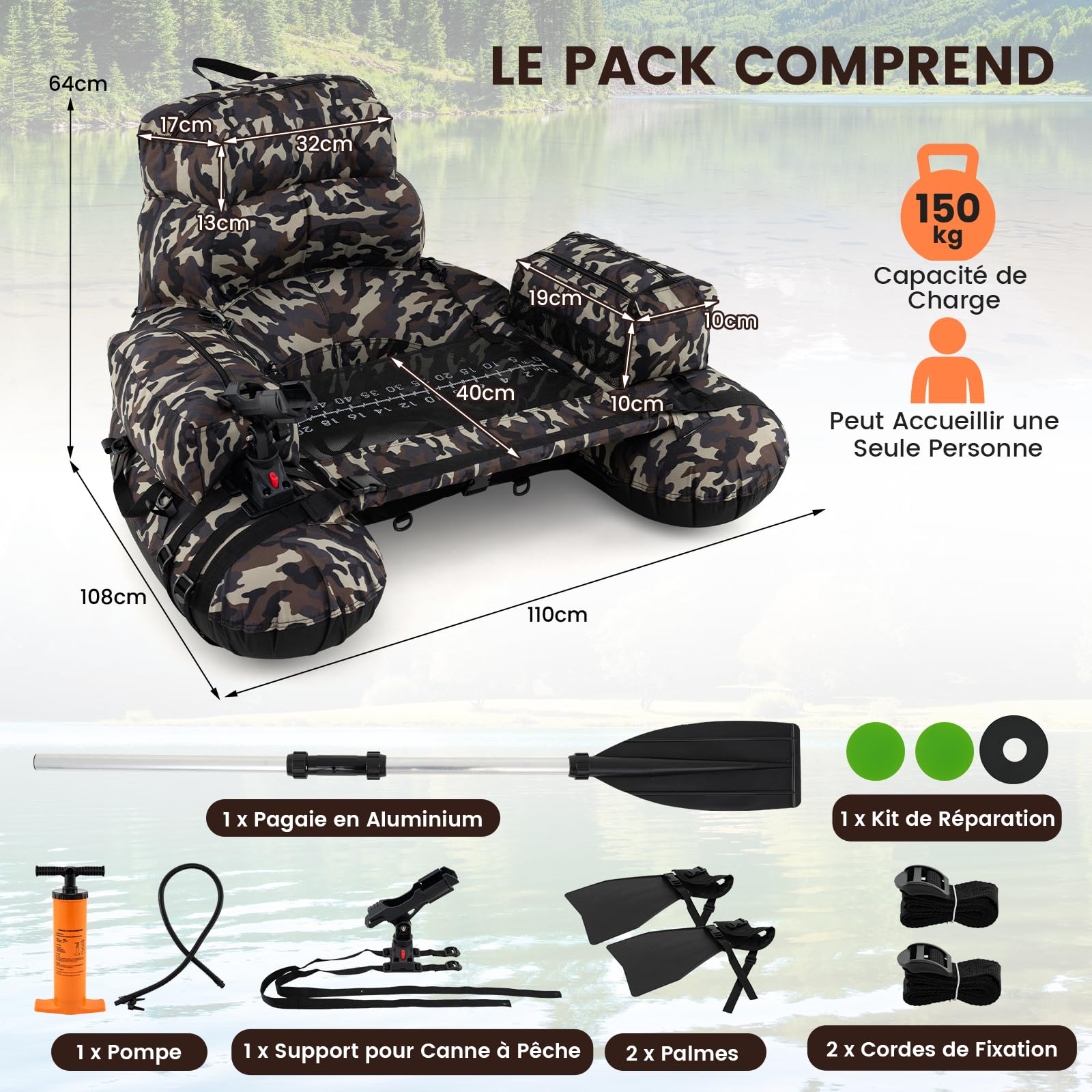 GOPLUS Float Tube 1 Place avec Support de Canne, Bateau de Pêche Gonflable Dossier, Sangles Réglables,Portable avec Pagaie en Alu.,Pompe, Flotteur avec Poches Rangement