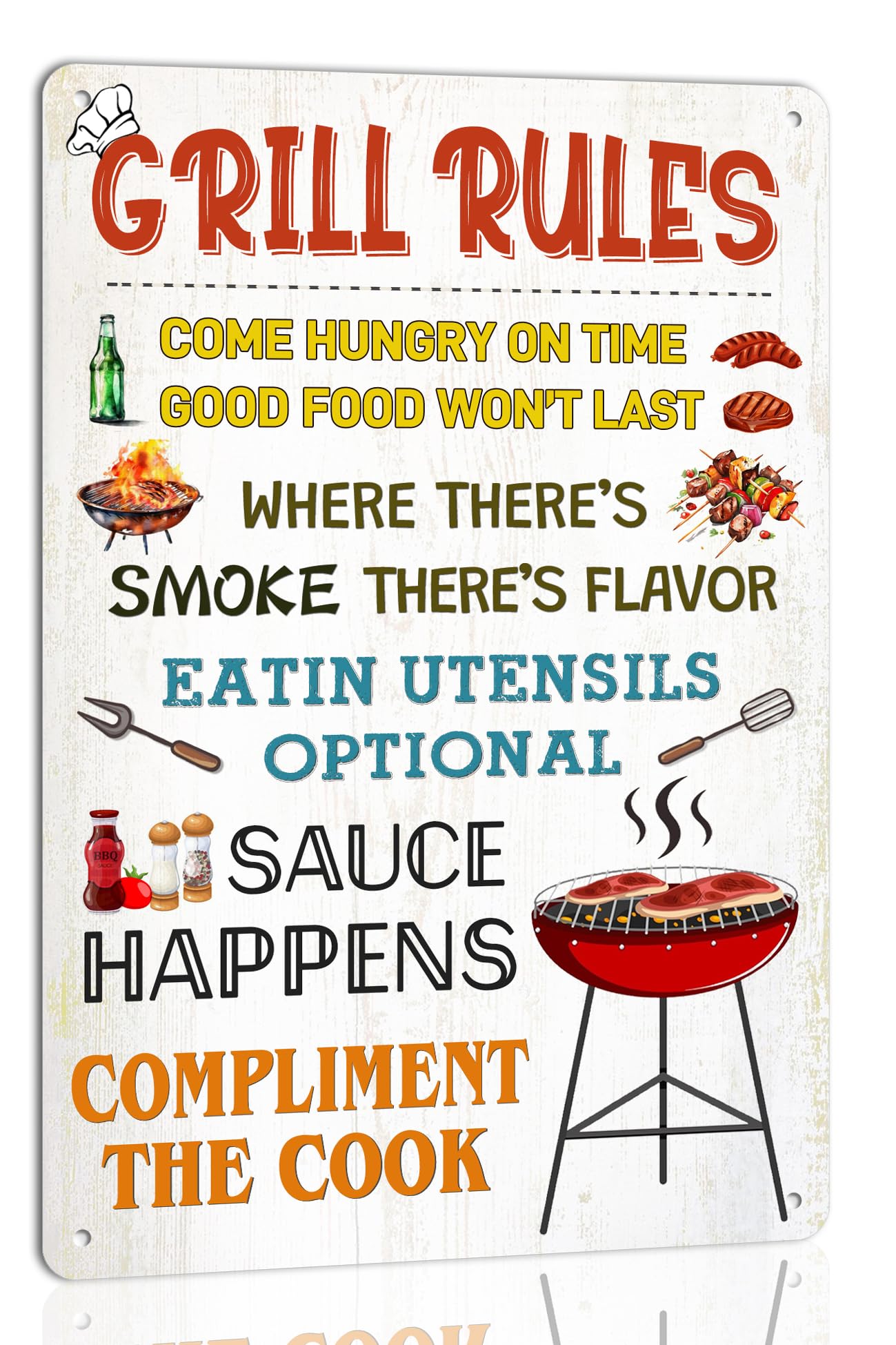 SMAZDFXX Grill Rules BBQ Rules Funny Metal Sign Wall Decor for Porch Backyard Home Bar Deck Kitchen Backyard Sign 8"x12"