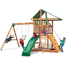 Gorilla Playsets 01-1077 Avalon Treehouse Wooden Swing Set with Oversized Green Vinyl Canopy Roof, Climbing Wall, Ladder, Swings and Slide