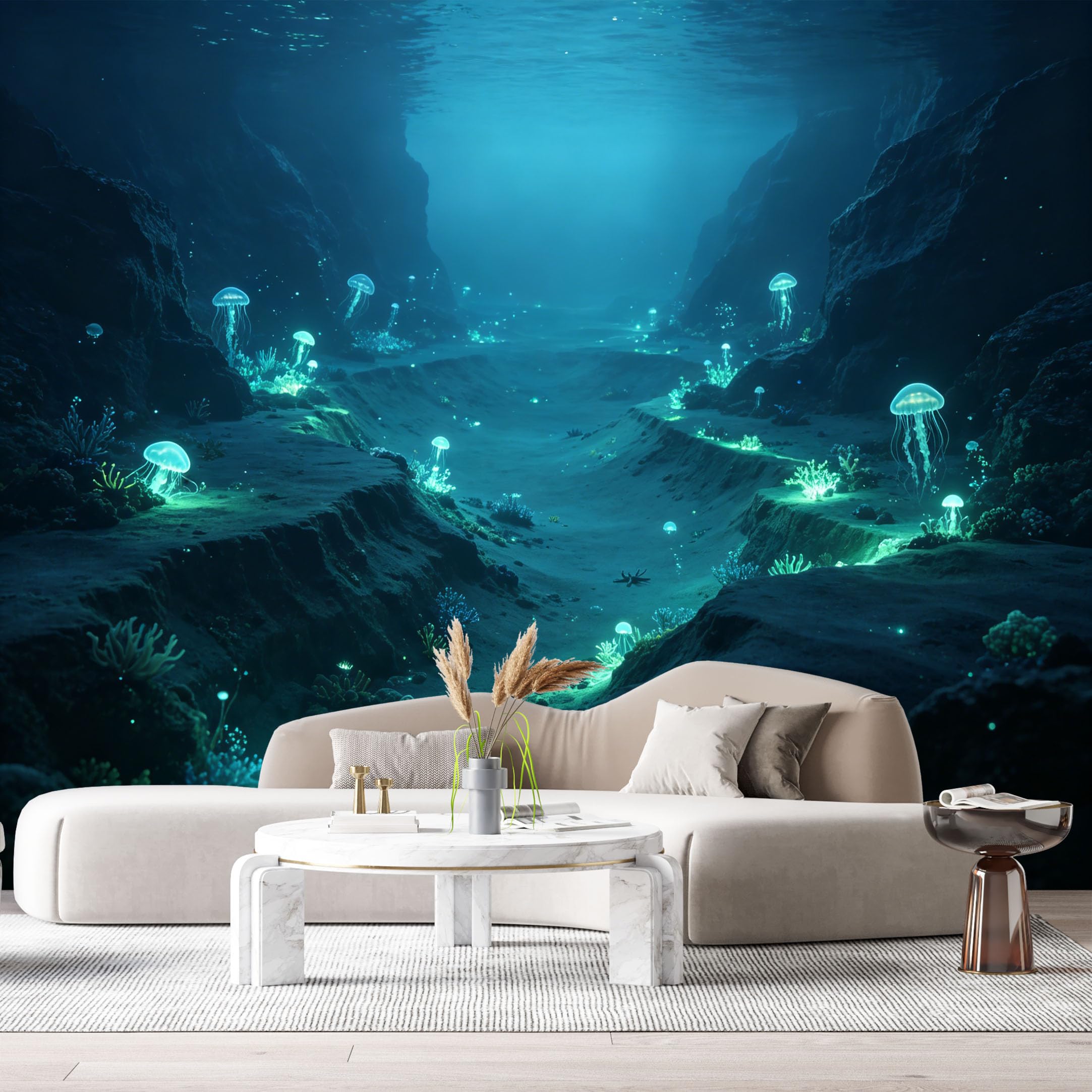 Custom Size Wall Murals Deep Ocean Marine 3D Bioluminescent Jellyfish Underwater Canyon SelfAdhesiveWall Fabric Removable Wallpaper Wall Decor for Living Room Bedroom Bathroom
